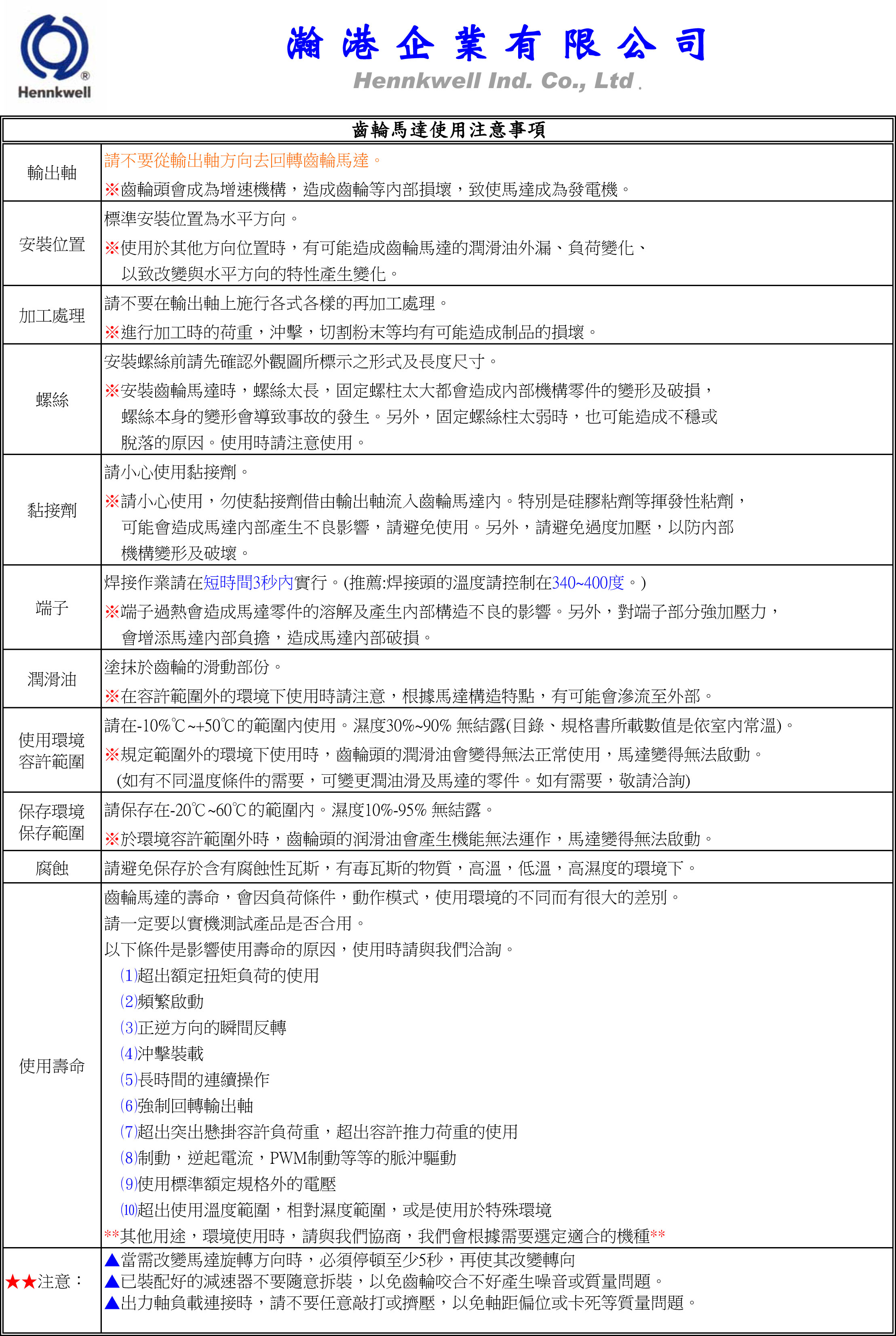 齒輪馬達使用注意事項