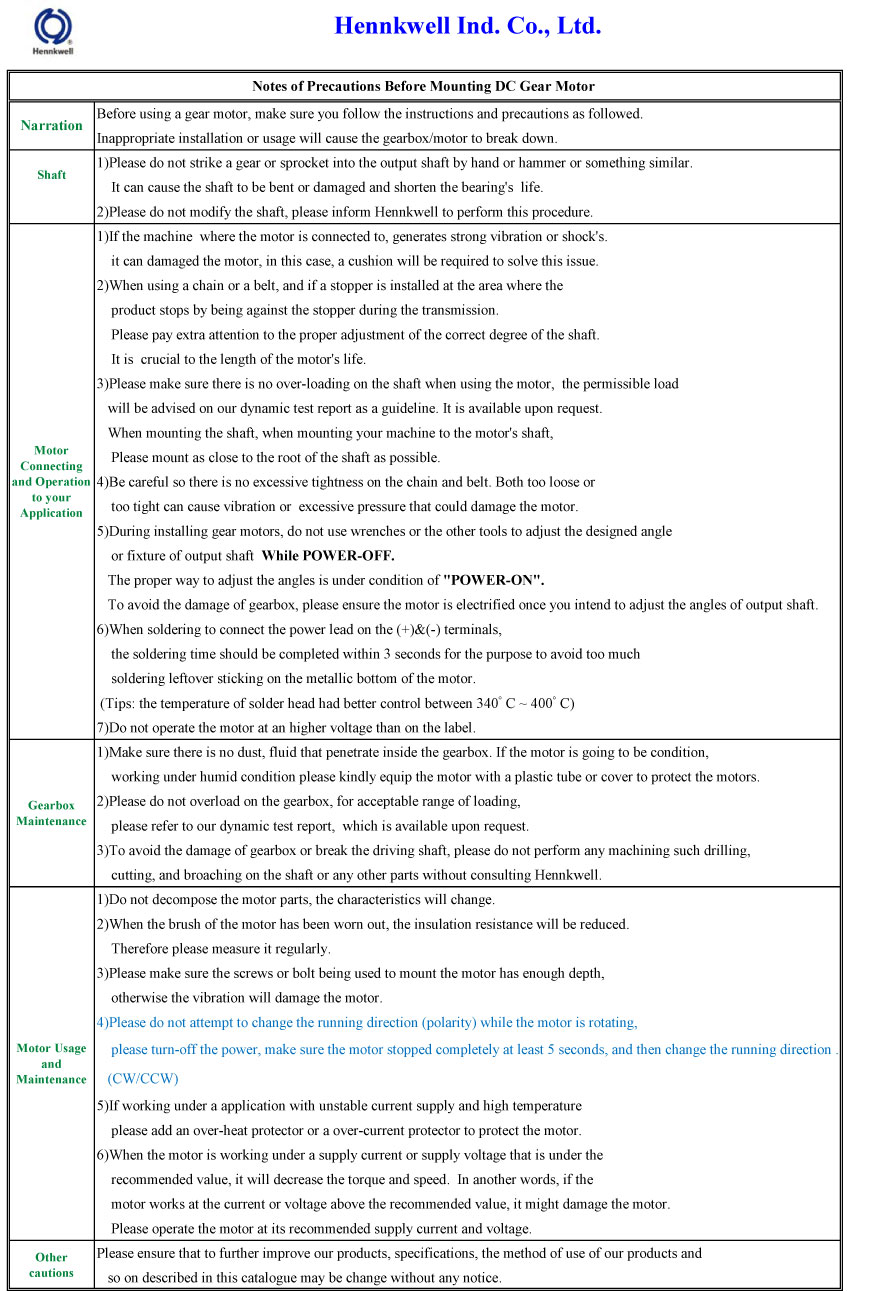 Notes of Precautions Before Mounting DC Gear Motor