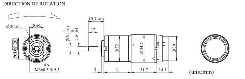 Габаритные размеры внешнего вида PK32DN с энкодером (эффект Холла)